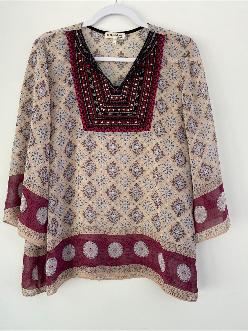 Faith and Joy Cream Tunic with Burgundy Embroidered Yoke